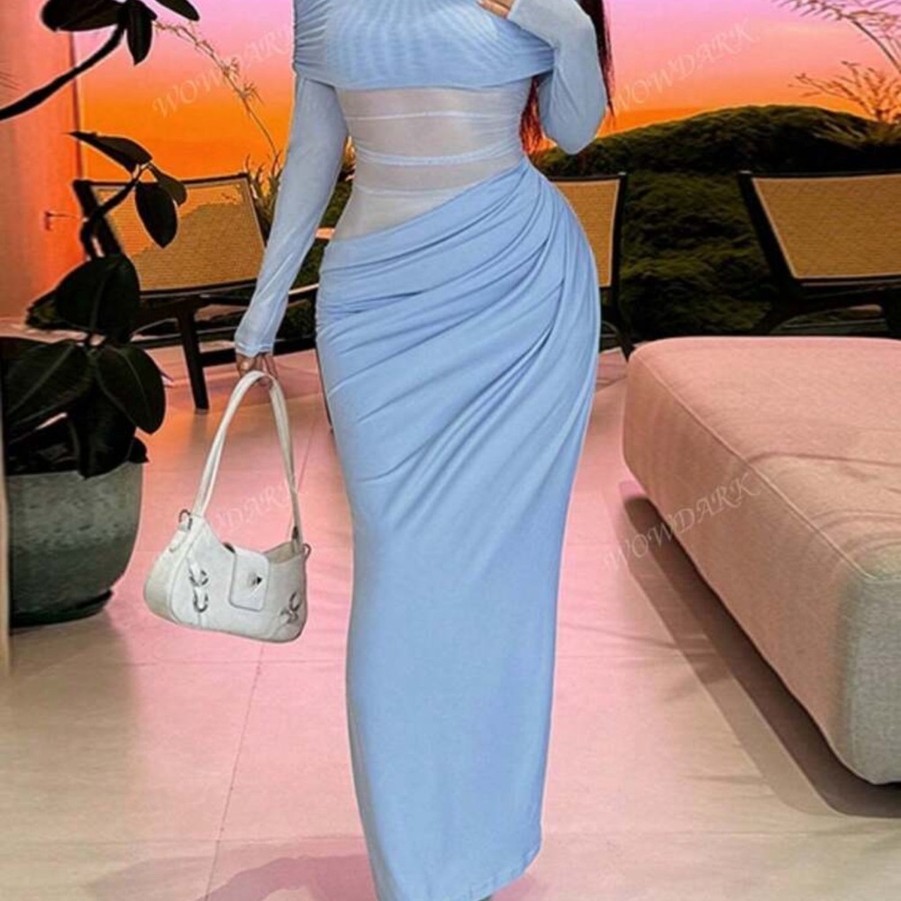 Blue Asymmetrical Ruched Bodycon Dress